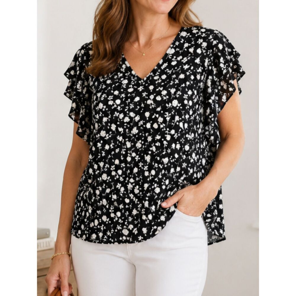 Jouica Womens Floral Blouse Size L Black Cream V-Neck Ruffle Sleeve Top